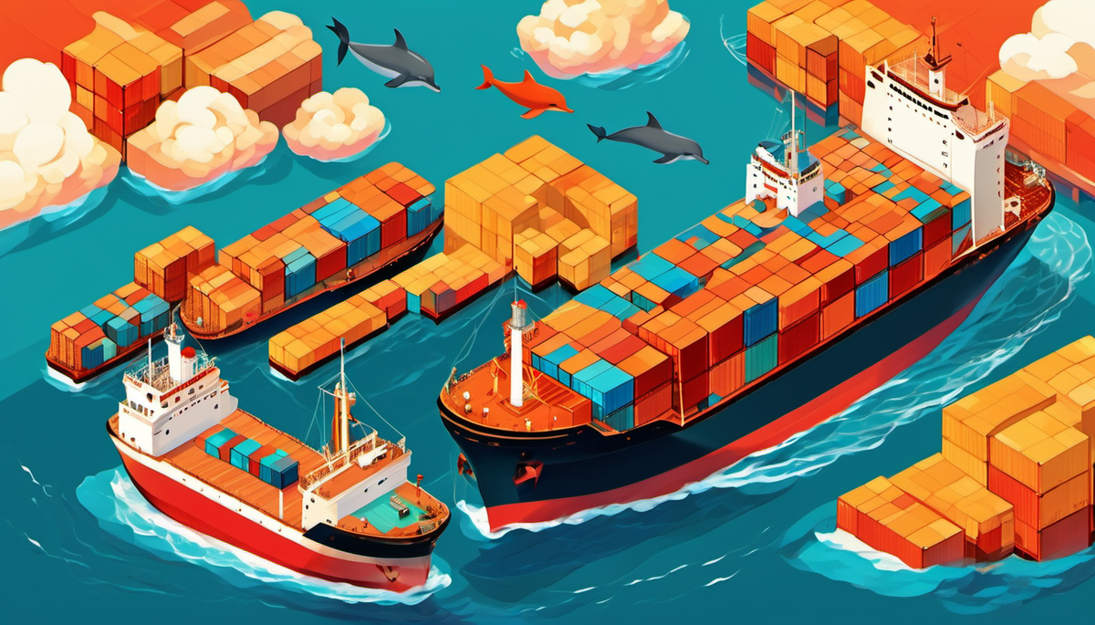 Isometric illustration of a cargo ship sailing through open ocean at sunset